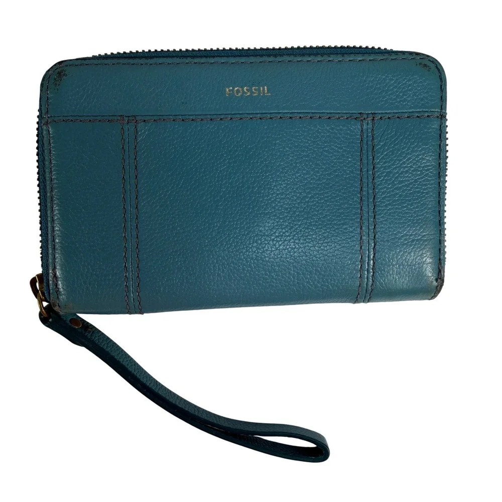 Fossil Logan Zip Around Clutch Wallet Wristlet Pebbled Leather‎ Teal Blue Travel